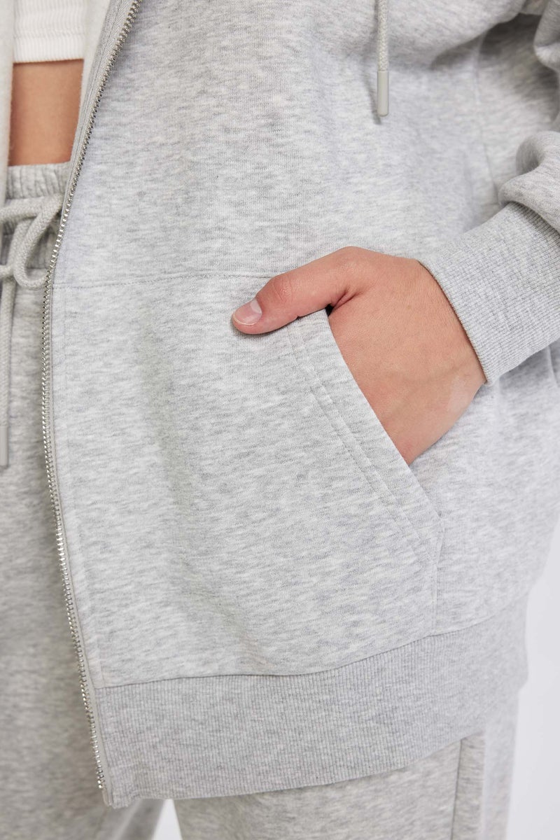 DeFacto Grey Woman Oversize Fit Hooded Kangaroo Pocket Basic Zippered Sweatshirt Casual - Image 5